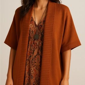 Jones New York Rust Orange Wide Ribbed Trim Open Front Duster Cardigan Women XL